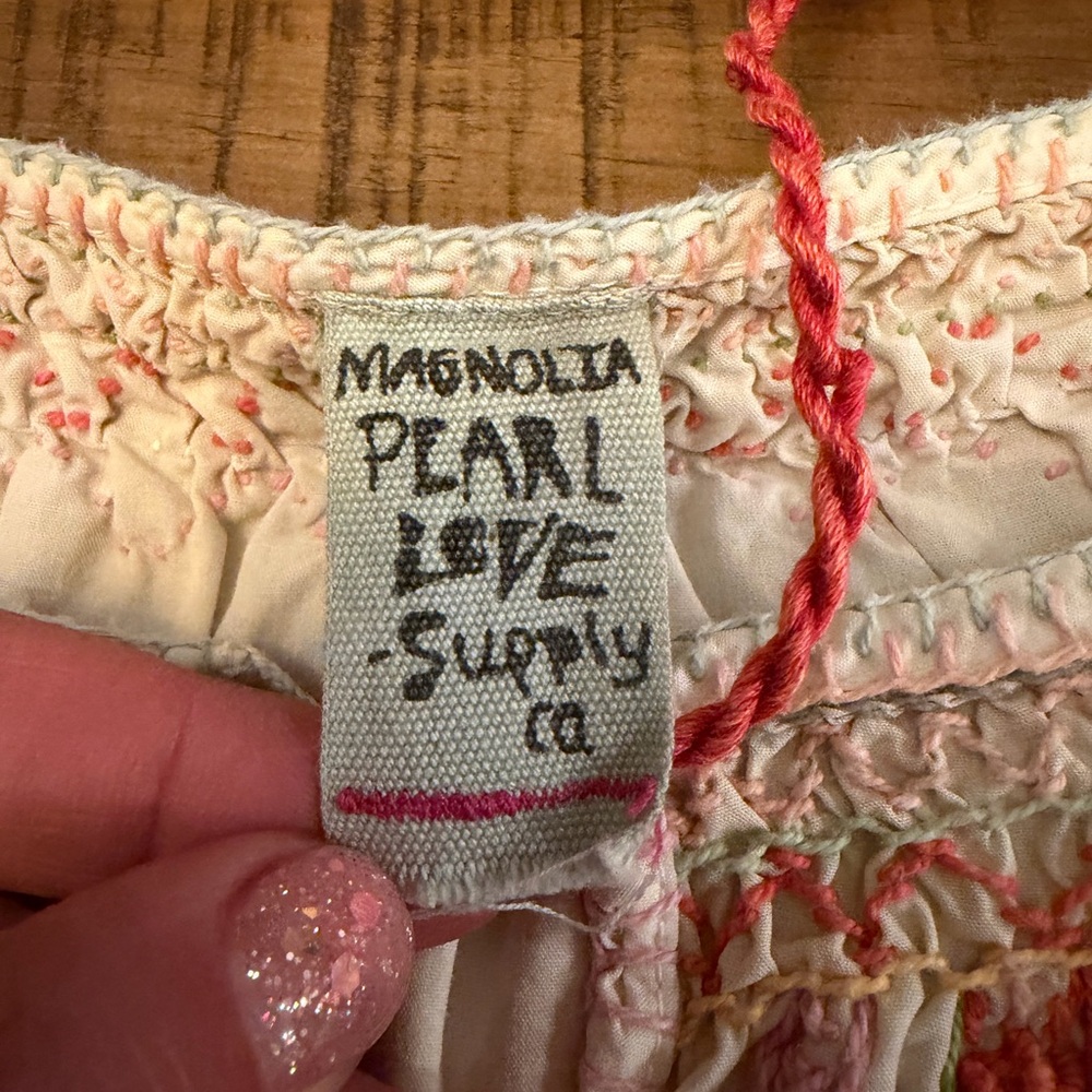 Magnolia Pearl Chrissy Fold Blouse Pink Tassel and Multicolor Embroidery EUC - Picture 4 of 8